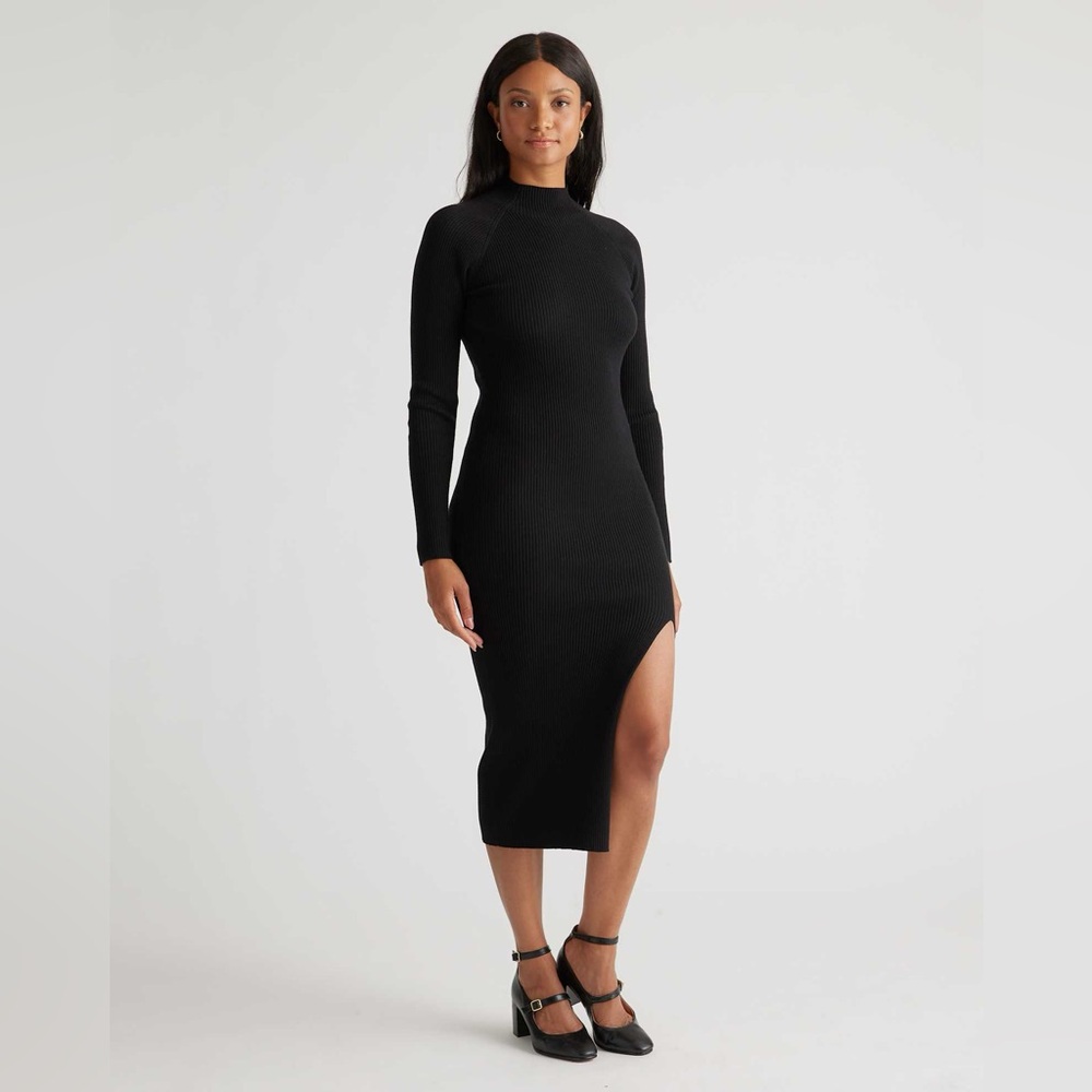 Quince Eco-Knit Ribbed Mock Neck Sweater Dress Black sz XS po Midi Long Sleeves